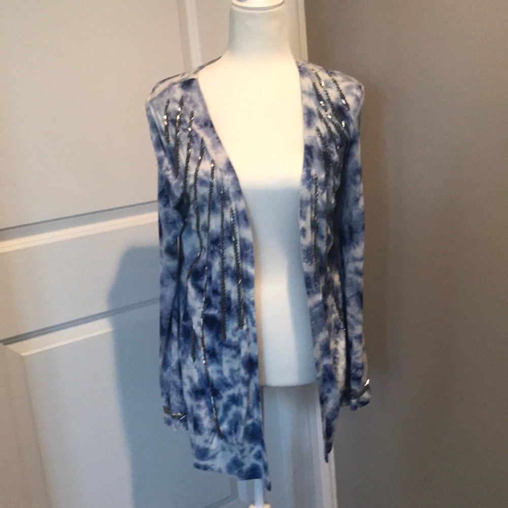 Tie dyed open front embellished Boston Proper top.